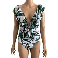 Load image into Gallery viewer, Sporlike Swimsuit One Piece Womens Large White Green Leaves Ruffles New