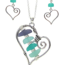 Load image into Gallery viewer, Sea Glass Heart Necklace and Earrings Jewelry Set Silver Plated Beach Ocean