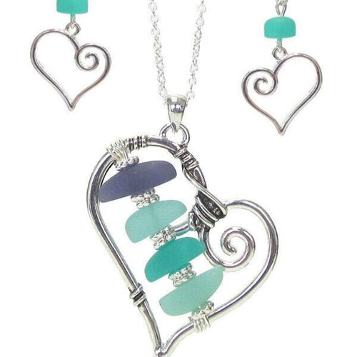 Sea Glass Heart Necklace and Earrings Jewelry Set Silver Plated Beach Ocean