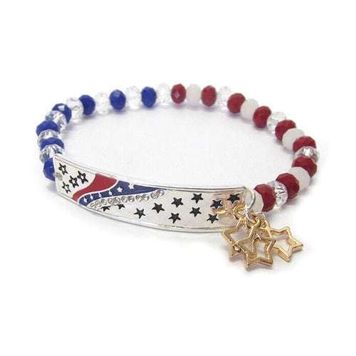 American Bracelet Stretch Beaded Charms Patriot USA American Flag Stars Stripes
