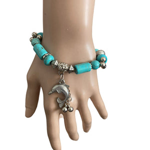 Turquoise Stretch Bracelet Dolphin Charm Metal Stones Beads