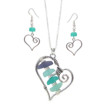 Load image into Gallery viewer, Sea Glass Heart Necklace and Earrings Jewelry Set Silver Plated Beach Ocean