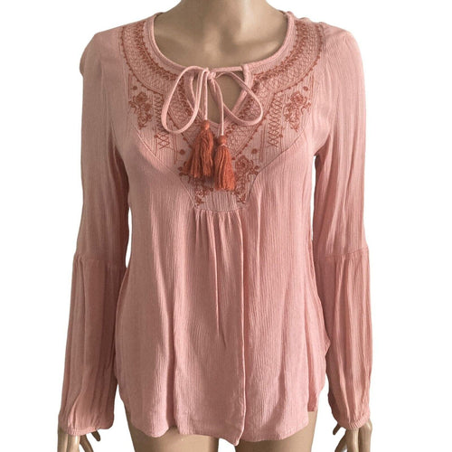 Knox Rose Tunic Top Womens XS Pink Embroidered Tassel Tie V-Neck Bell Sleeve
