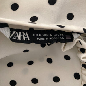 Zara Dress ECRU Womens Medium White Black Polka Dot Stretch Gathers Ruching