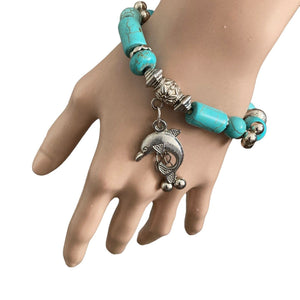 Turquoise Stretch Bracelet Dolphin Charm Metal Stones Beads