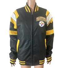 Load image into Gallery viewer, Pittsburgh Steelers G-III NFL Faux Leather Varsity Bomber Jacket XS Black Gold
