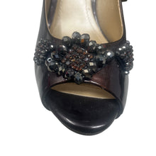 Load image into Gallery viewer, Alex Marie Dark Brown Patent Peep Toe Heels Pumps Beaded Embellished Size 7M