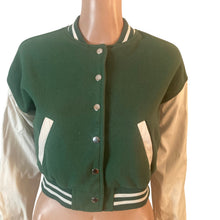 Load image into Gallery viewer, Love Tree Varsity Jacket Womens Small Green Cropped Faux Leather Sleeve Snap