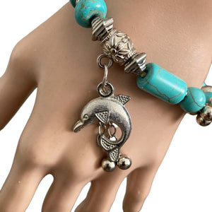 Turquoise Stretch Bracelet Dolphin Charm Metal Stones Beads