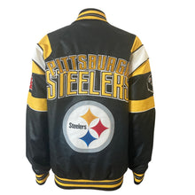 Load image into Gallery viewer, Pittsburgh Steelers G-III NFL Faux Leather Varsity Bomber Jacket XS Black Gold