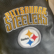 Load image into Gallery viewer, Pittsburgh Steelers G-III NFL Faux Leather Varsity Bomber Jacket XS Black Gold