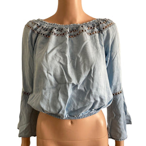 Walter Baker Crop Top Womens Medium Light Blue Bell Sleeve Lyocell