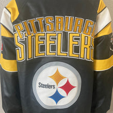 Load image into Gallery viewer, Pittsburgh Steelers G-III NFL Faux Leather Varsity Bomber Jacket XS Black Gold
