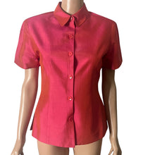 Load image into Gallery viewer, Ann Taylor Blouse Womens Size 6 Pink Iridescent 100% Silk Short Sleeve Button Front Shirt