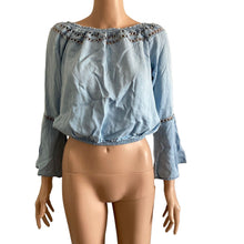 Load image into Gallery viewer, Walter Baker Crop Top Womens Medium Light Blue Bell Sleeve Lyocell