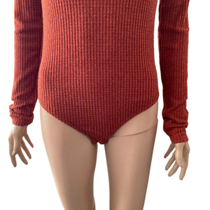 Hem & thread Bodysuit Thermal Womens Small Rust Orange Mock Neck