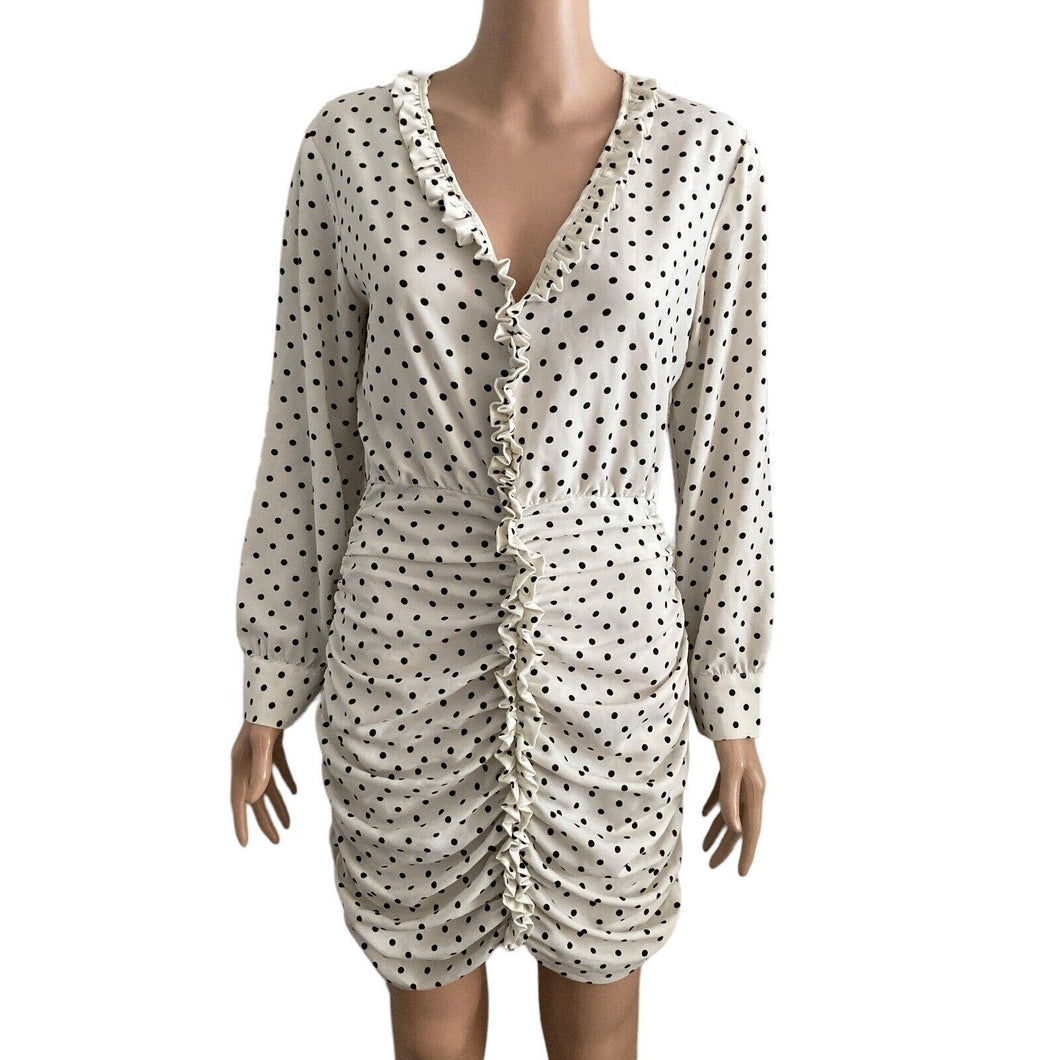 Zara Dress ECRU Womens Medium White Black Polka Dot Stretch Gathers Ruching