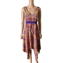 Load image into Gallery viewer, Route 66 Womens S 4-6 Paisley Handkerchief Hem Dress Purple Orange Boho Midi