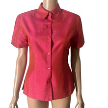 Load image into Gallery viewer, Ann Taylor Blouse Womens Size 6 Pink Iridescent 100% Silk Short Sleeve Button Front Shirt