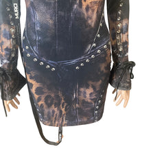 Load image into Gallery viewer, Murci Leopard Mesh Corset Print Mini Dress Studded Bow Sleeve Bodycon US 2 New