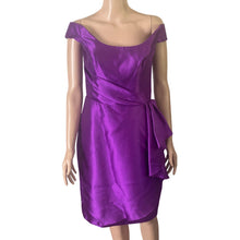 Load image into Gallery viewer, Lazaro Dress Womens 8 Purple Satin Sheath Off Shoulder Ruffle Cocktail Formal