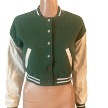 Load image into Gallery viewer, Love Tree Varsity Jacket Womens Small Green Cropped Faux Leather Sleeve Snap