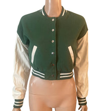 Load image into Gallery viewer, Love Tree Varsity Jacket Womens Small Green Cropped Faux Leather Sleeve Snap