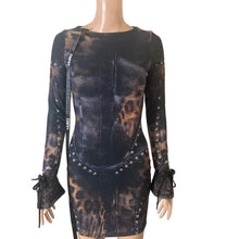 Load image into Gallery viewer, Murci Leopard Mesh Corset Print Mini Dress Studded Bow Sleeve Bodycon US 2 New