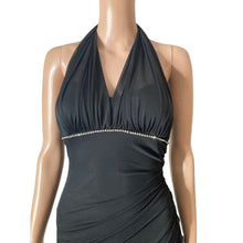 Load image into Gallery viewer, Vintage Black Halter Maxi Dress Womens Small Rhinestone Open Back Formal Gown