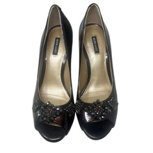 Load image into Gallery viewer, Alex Marie Dark Brown Patent Peep Toe Heels Pumps Beaded Embellished Size 7M