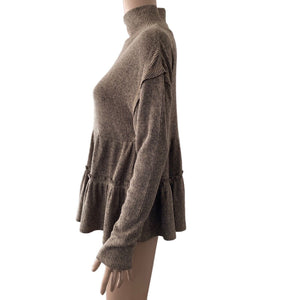 Mystree Sweater Mock Neck Womens Small Oversized Peplum Ribbed Grayish Brown