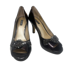 Load image into Gallery viewer, Alex Marie Dark Brown Patent Peep Toe Heels Pumps Beaded Embellished Size 7M