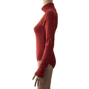 Hem & thread Bodysuit Thermal Womens Small Rust Orange Mock Neck