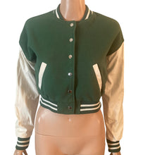 Load image into Gallery viewer, Love Tree Varsity Jacket Womens Small Green Cropped Faux Leather Sleeve Snap