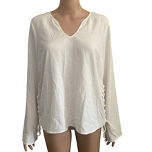 Load image into Gallery viewer, Womens White Long Sleeve Blouse Large Lace Up Side VNeck Tunic