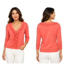 Load image into Gallery viewer, Talbots Petites M Pima Cotton Coral Ruffle Button Front Cardigan Sweater