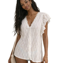 Load image into Gallery viewer, Cupshe White Lace Cover Up Top XL Flutter Sleeve Beach Boho Swim Blouse Textured Knit
