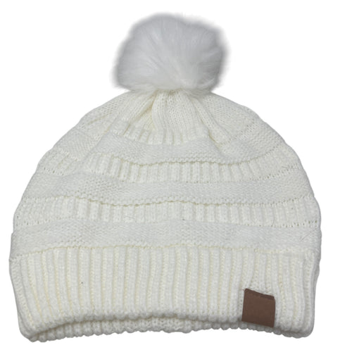 Five Below Beanie Hat One Stretch Pom Pom White