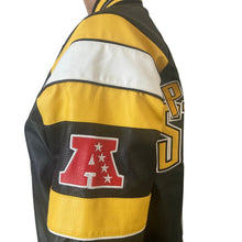 Load image into Gallery viewer, Pittsburgh Steelers G-III NFL Faux Leather Varsity Bomber Jacket XS Black Gold