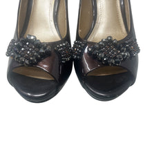 Load image into Gallery viewer, Alex Marie Dark Brown Patent Peep Toe Heels Pumps Beaded Embellished Size 7M