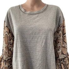 Load image into Gallery viewer, Mystree Shirt Womens Small Oversized Gray Flannel Animal Print Bell Sleeve