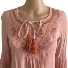 Load image into Gallery viewer, Knox Rose Tunic Top Womens XS Pink Embroidered Tassel Tie V-Neck Bell Sleeve