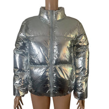 Load image into Gallery viewer, Forever 21 Women’s XS Silver Metallic Puffer Jacket Foil Quilted Short Coat