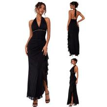 Load image into Gallery viewer, Vintage Black Halter Maxi Dress Womens Small Rhinestone Open Back Formal Gown