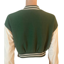 Load image into Gallery viewer, Love Tree Varsity Jacket Womens Small Green Cropped Faux Leather Sleeve Snap