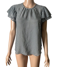 Load image into Gallery viewer, Ann Taylor Petite Blouse Womens Small Petite Navy White Gingham Check Flutter