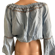 Load image into Gallery viewer, Walter Baker Crop Top Womens Medium Light Blue Bell Sleeve Lyocell