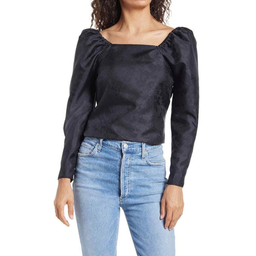 RP Rachel Parcell Blouse Womens XXS Long Puff Sleeve Black Jacquard