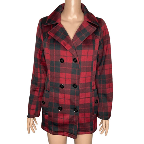 Sabrina Lauren New York Coat Womens Medium Red Black Tartan Plaid Stretch