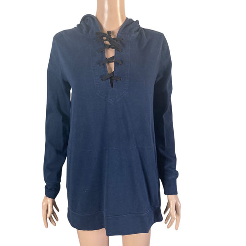 Gap Hooded Sweatshirt Pullover Womens Small Navy Blue Lace Up V Neck